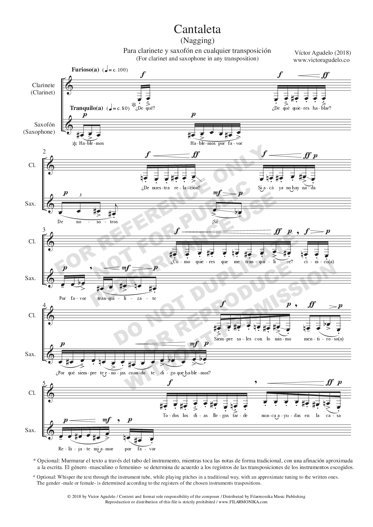 Cantaleta, for clarinet and saxophone