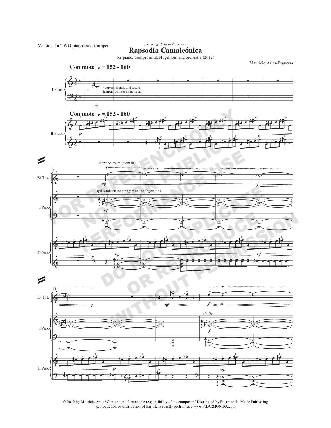Rapsodia camaleónica, for trumpet and 2 pianos (Reduction)
