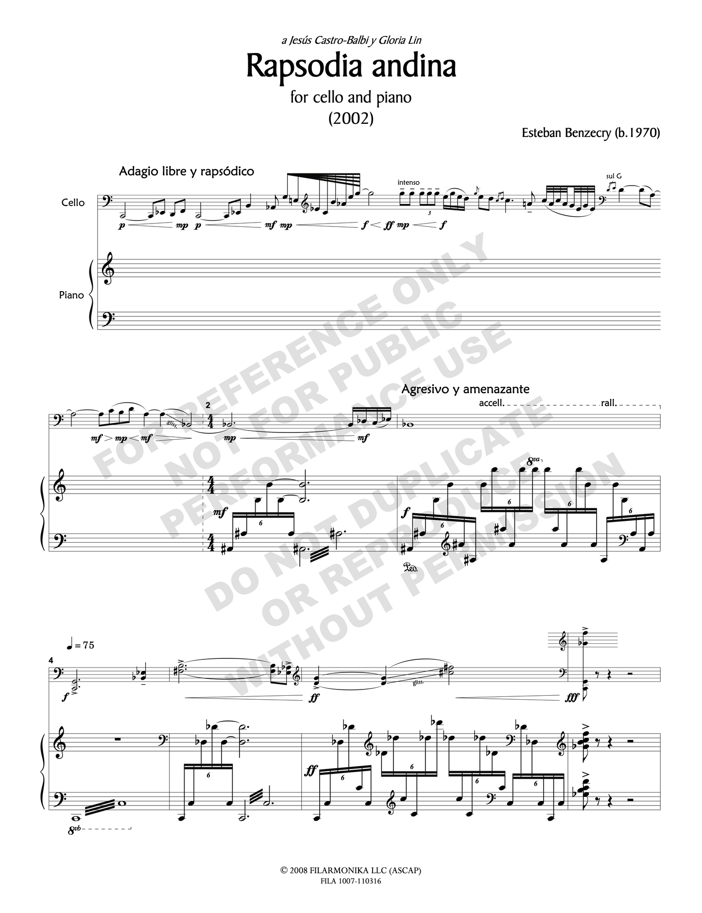 Rapsodia Andina, for cello and piano