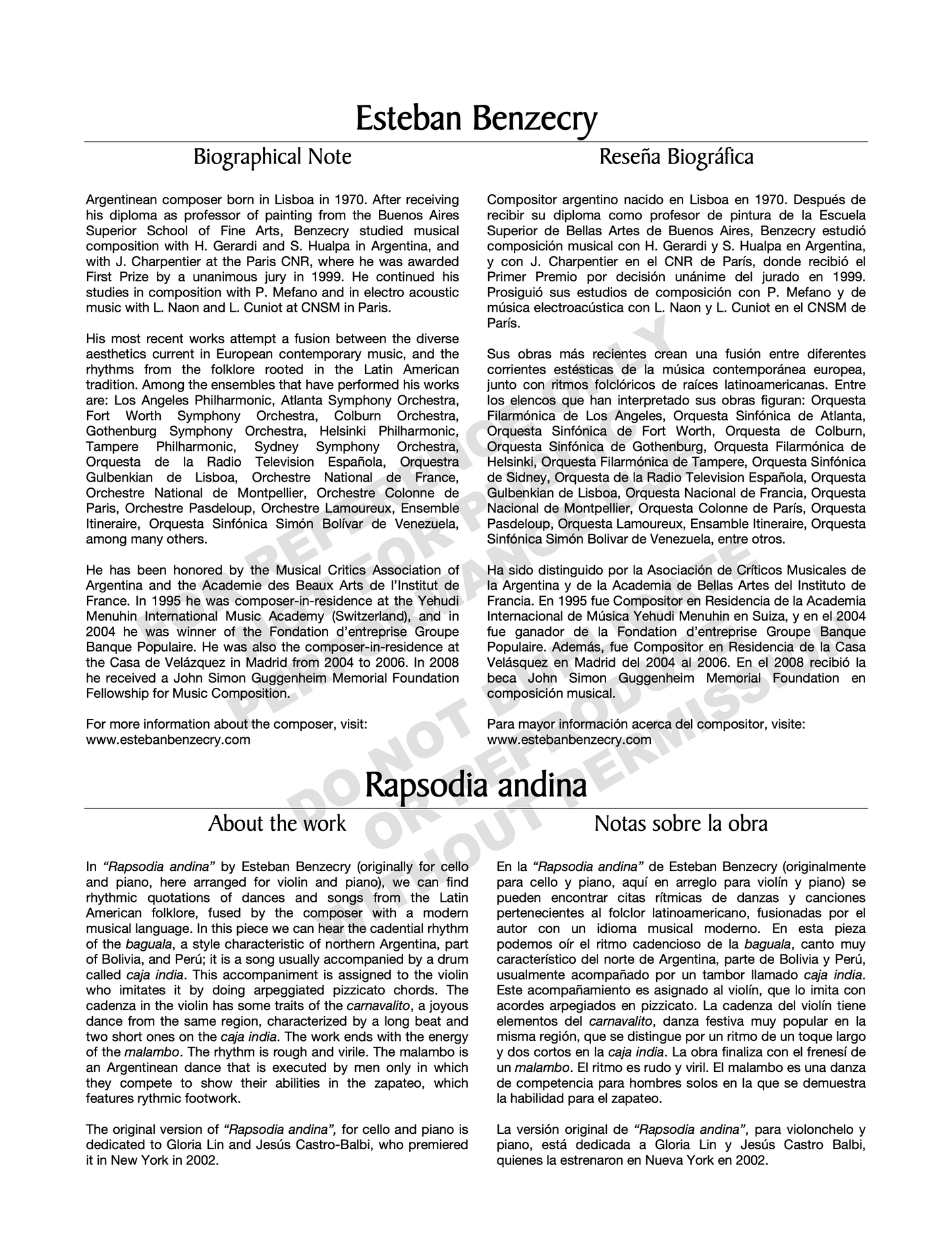 Rapsodia andina , for violin and piano
