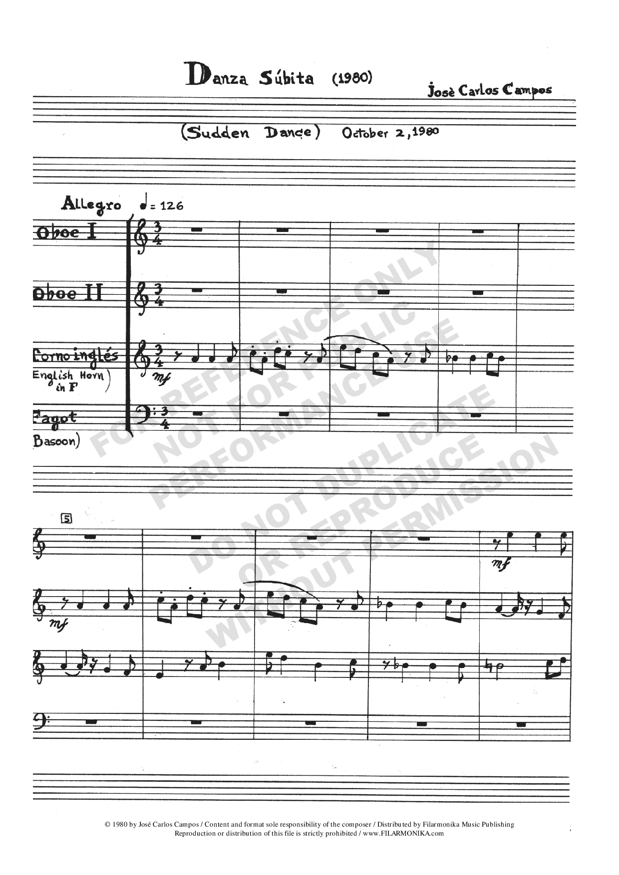 Danza súbita, for double reed quartet