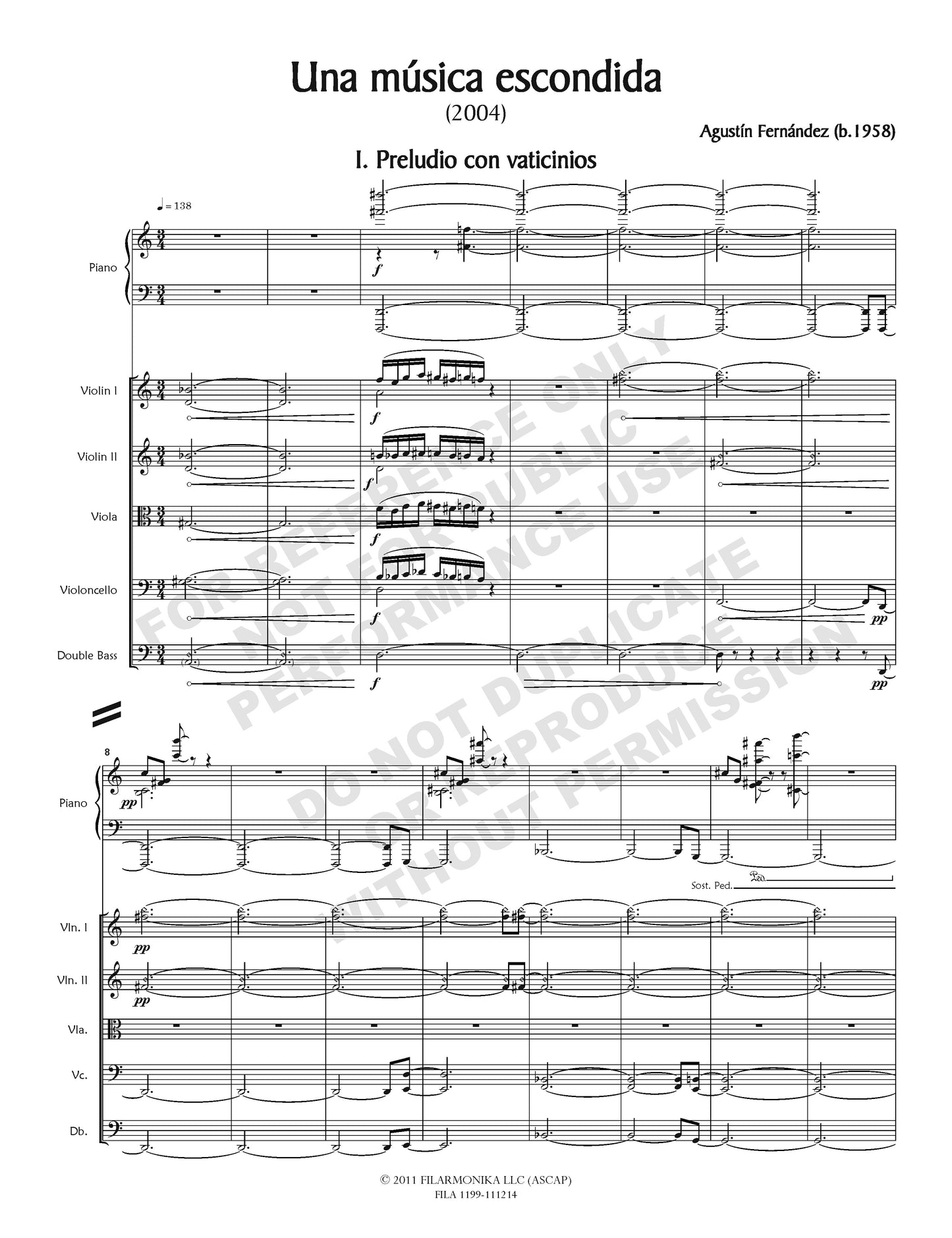 Una música escondida, for piano and strings