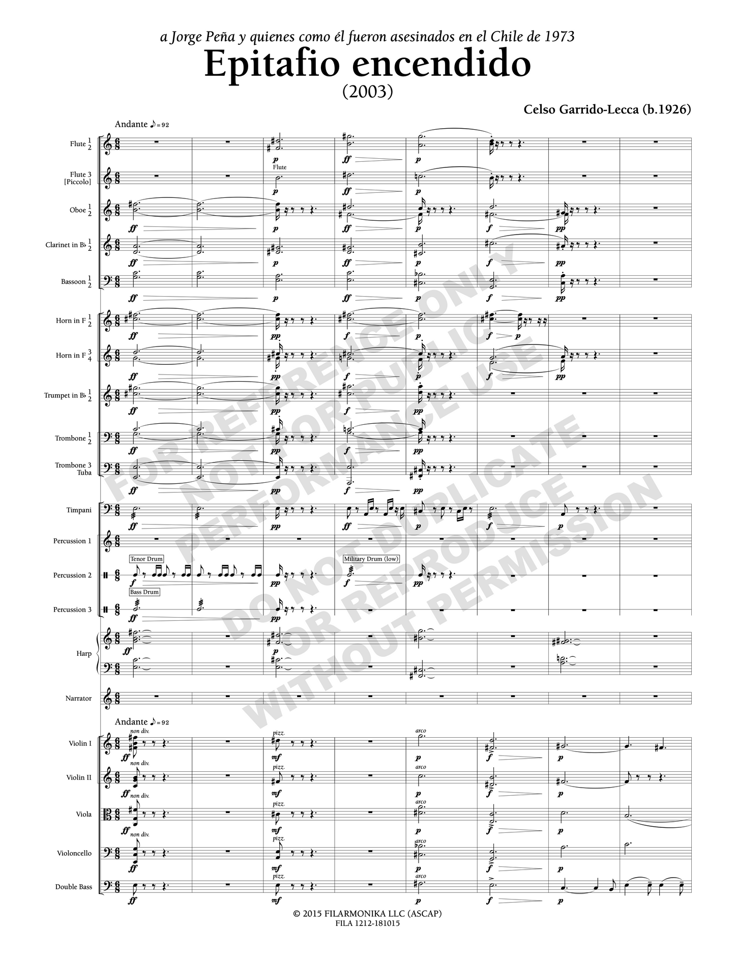 Epitafio encendido, for narrator and orchestra