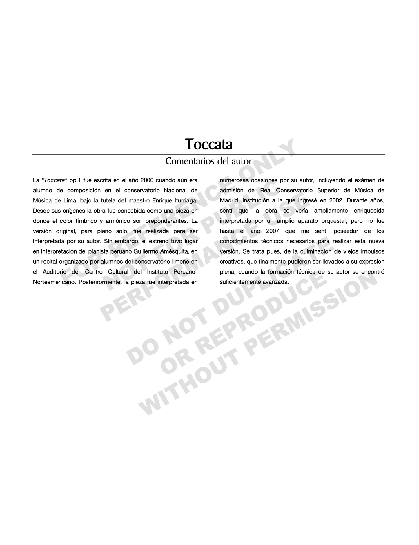 Tocatta Op. 1, for orchestra