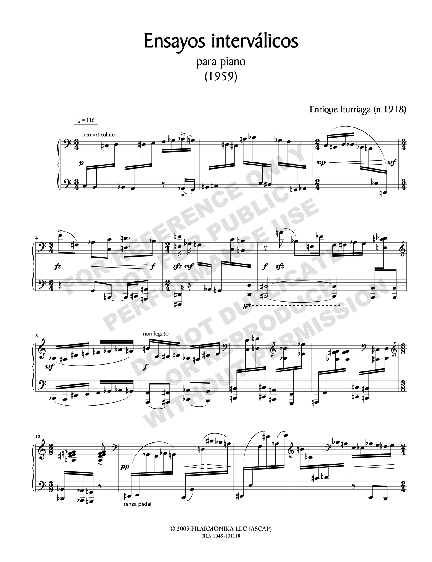 Works for piano (Pregón y danza, Tres piezas para piano, ensayos interválicos, Movimiento perpetuo)
