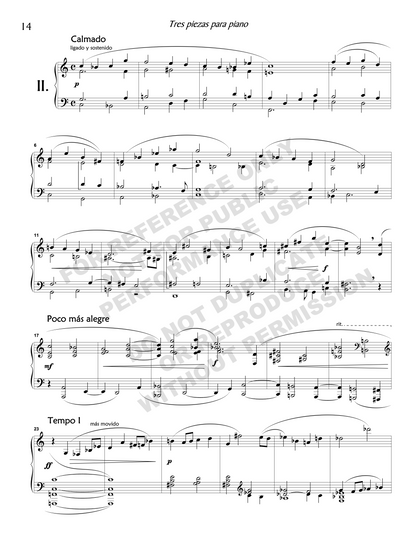 Works for piano (Pregón y danza, Tres piezas para piano, ensayos interválicos, Movimiento perpetuo)