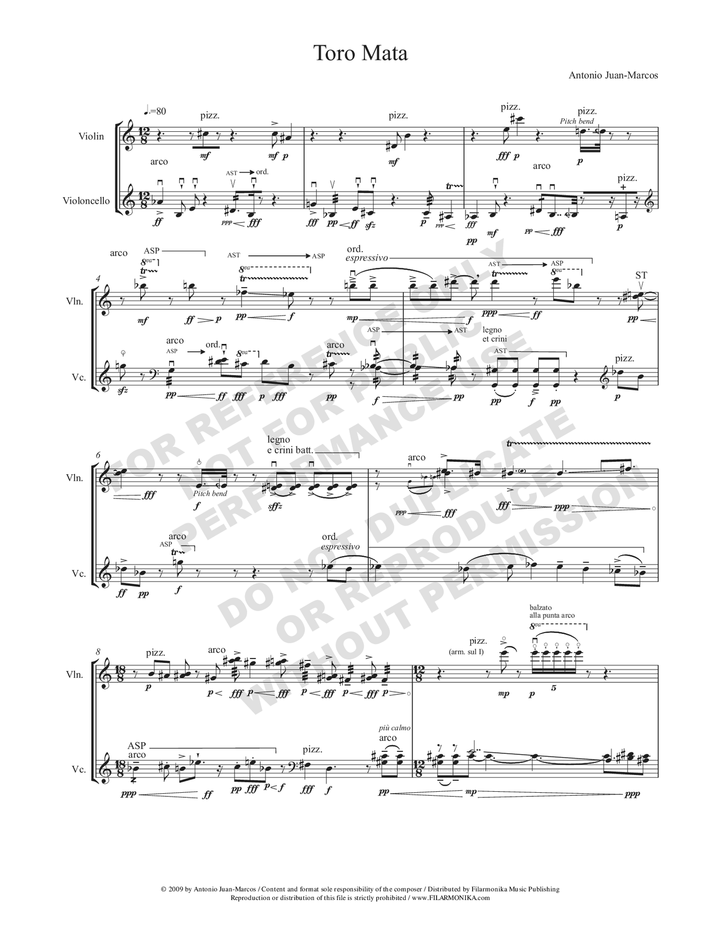 Toro mata, for violin and cello