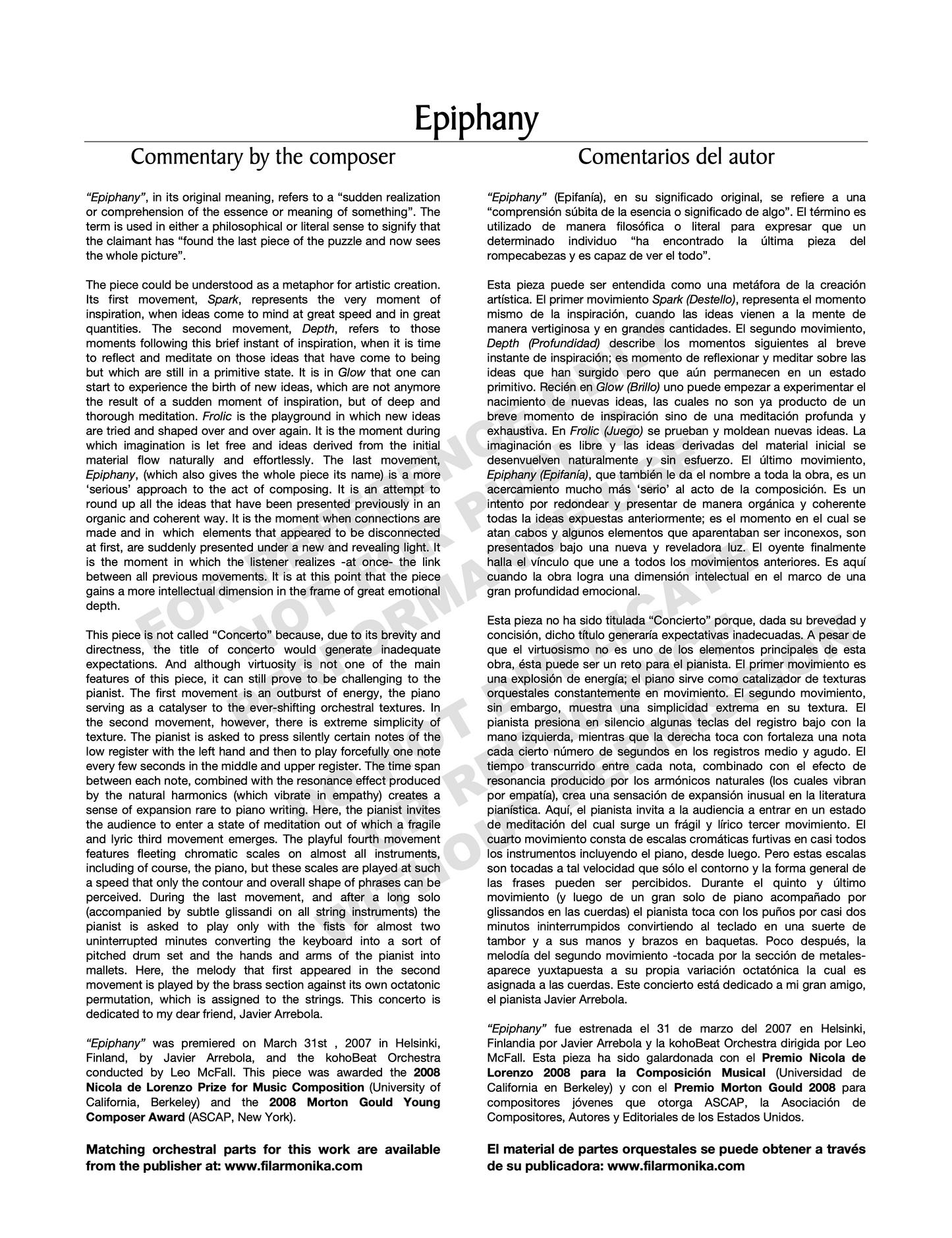 Epiphany, concertino for piano, strings, brass and percussion