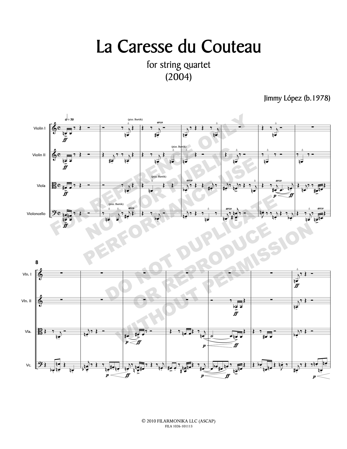 La Caresse du Couteau, for string quartet