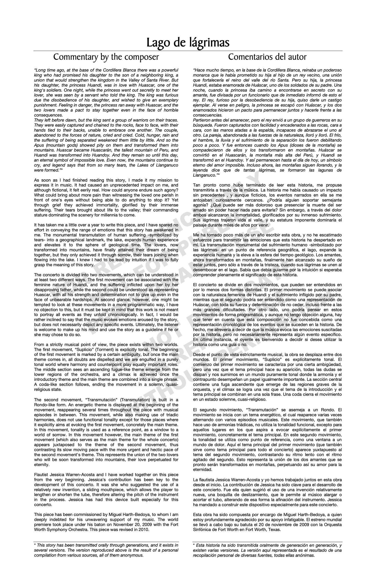 Lago de lágrimas, for flute and orchestra