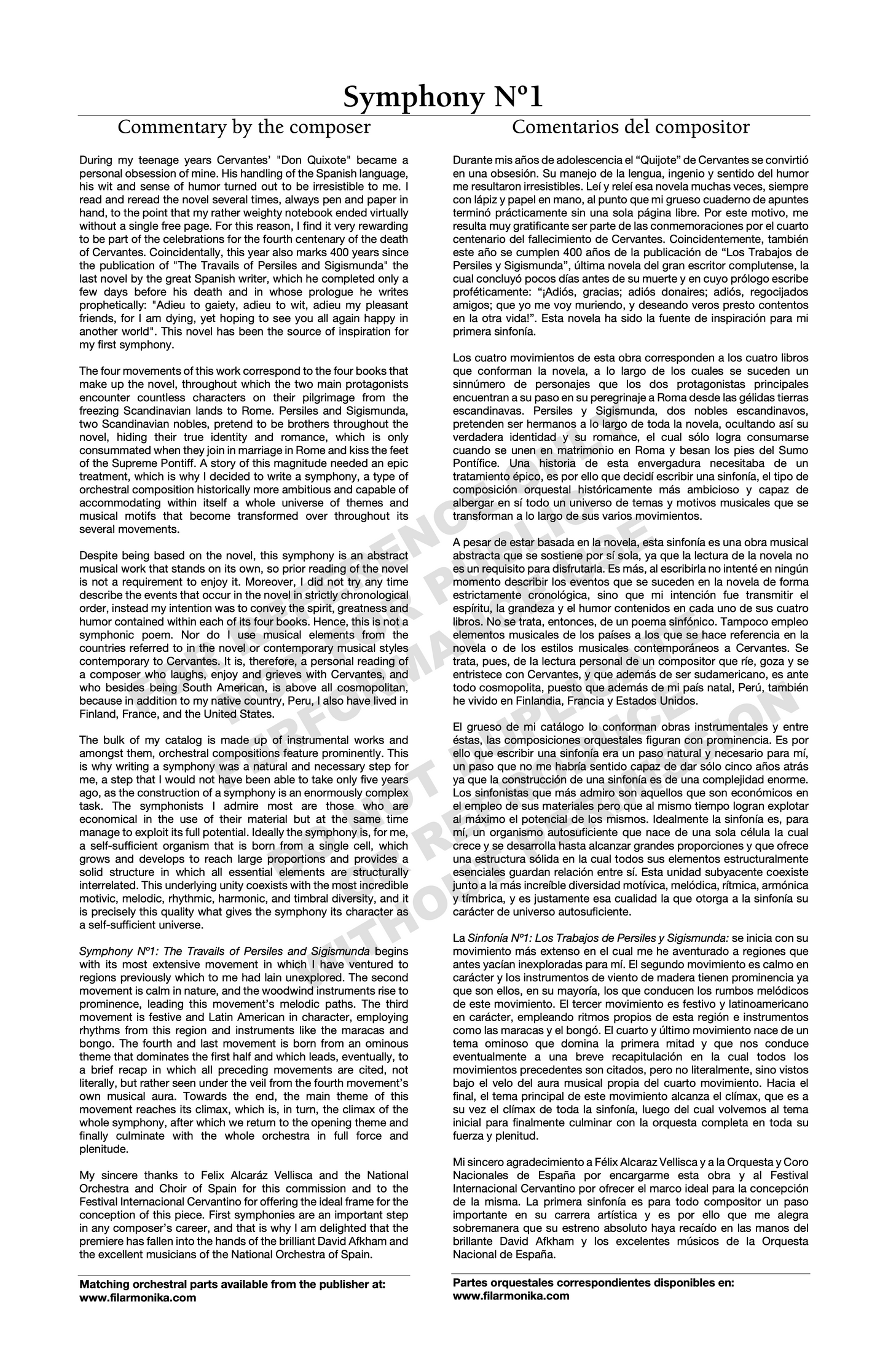 Symphony Nº 1: The Travails of Persiles and Sigismunda, for orchestra