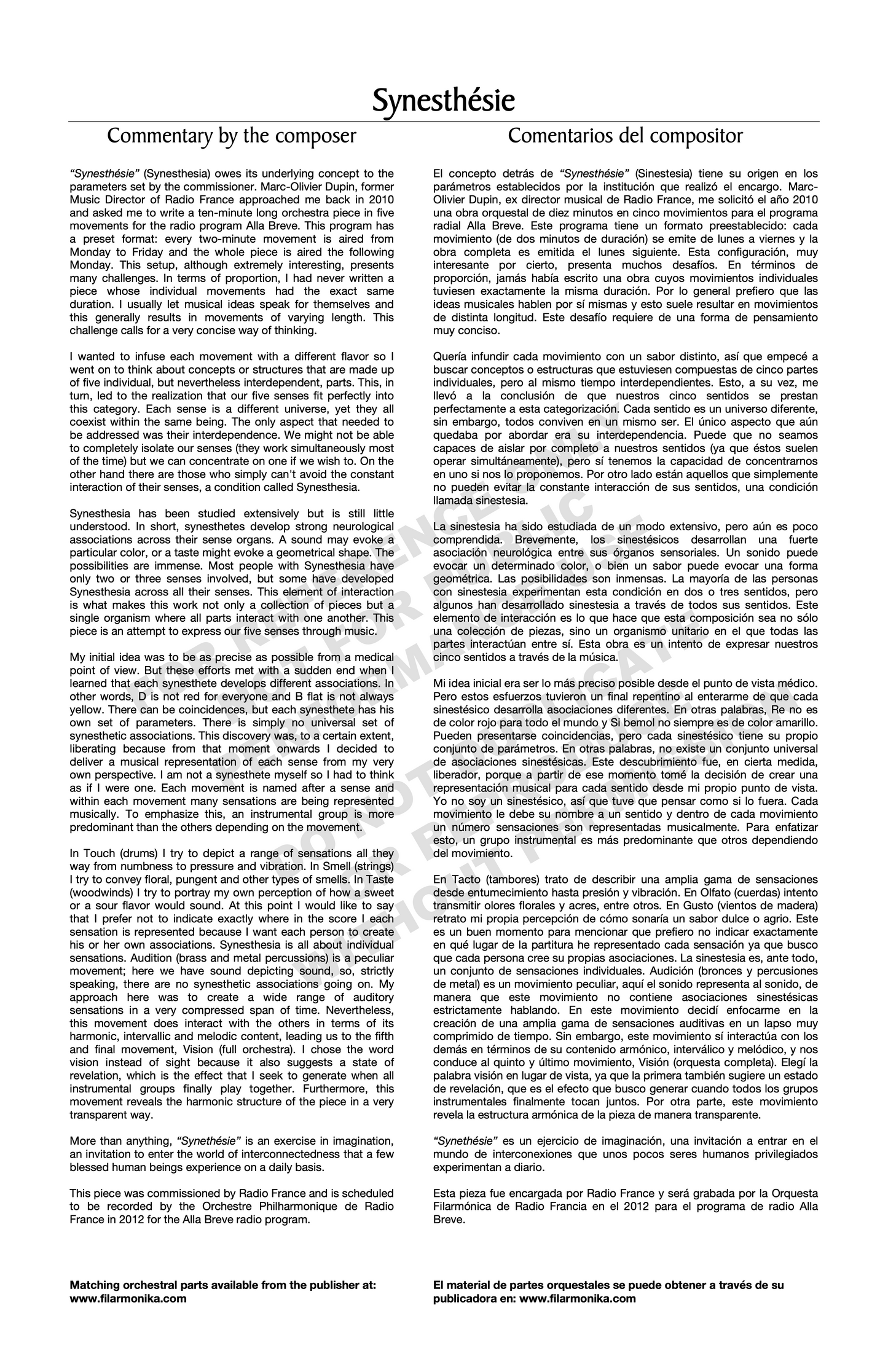 Synesthésie, for orchestra