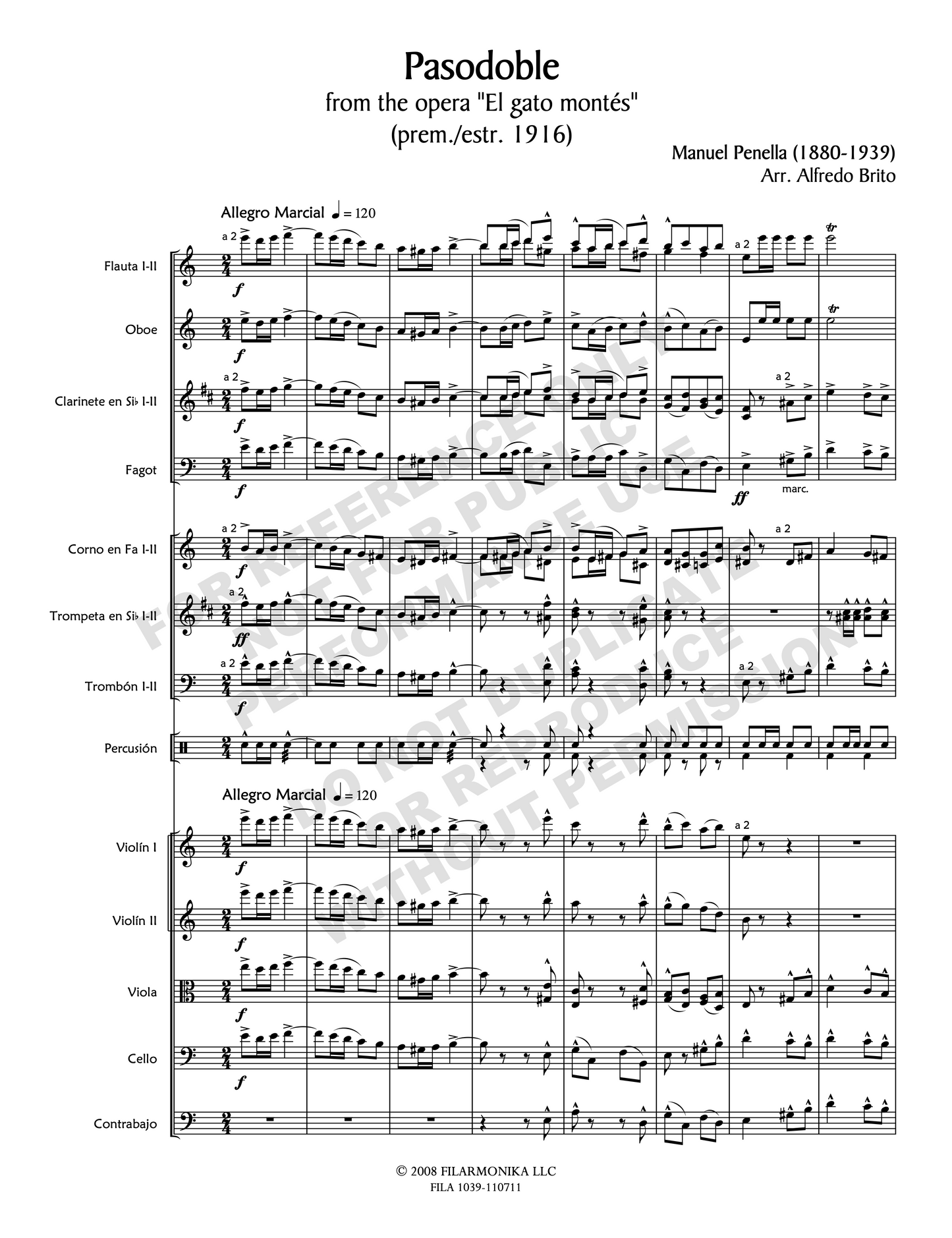 Pasodoble from El gato montés, for orchestra