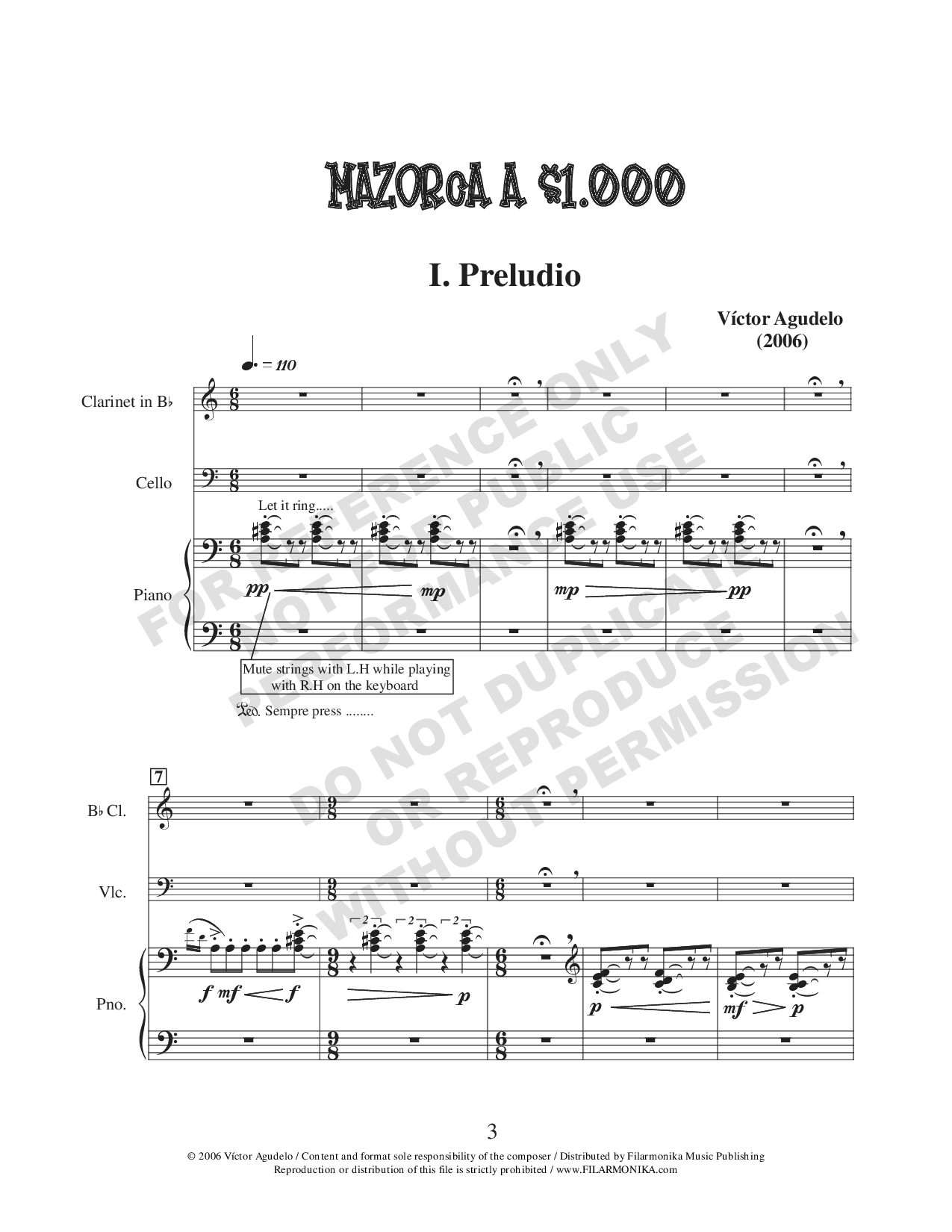Mazorca a $1000, for clarinet, cello, and piano