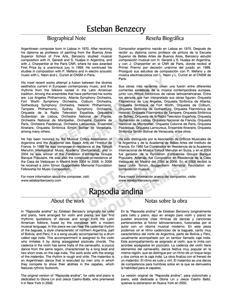 Rapsodia andina , for violin and piano