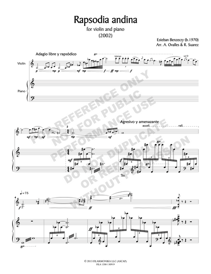 Rapsodia andina , for violin and piano