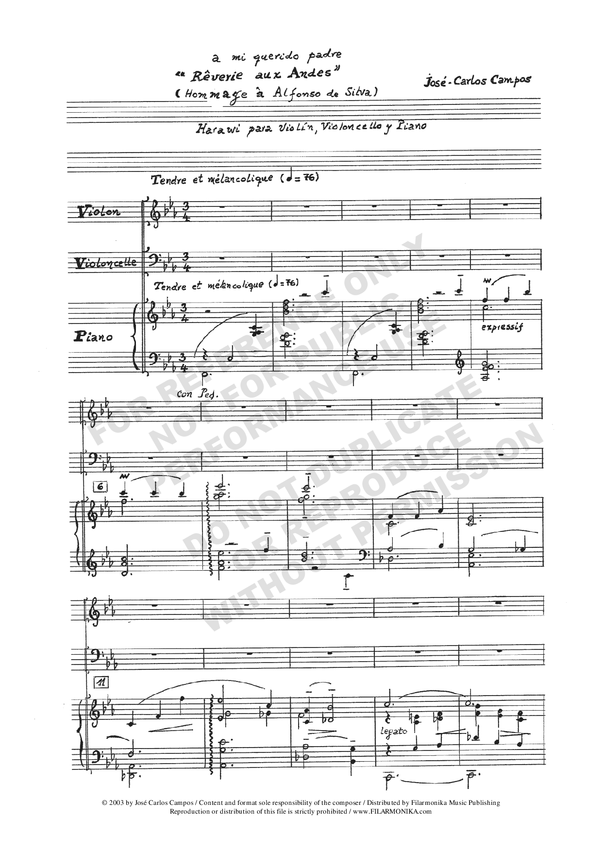 Rêverie aux Andes, for violin, cello, and piano