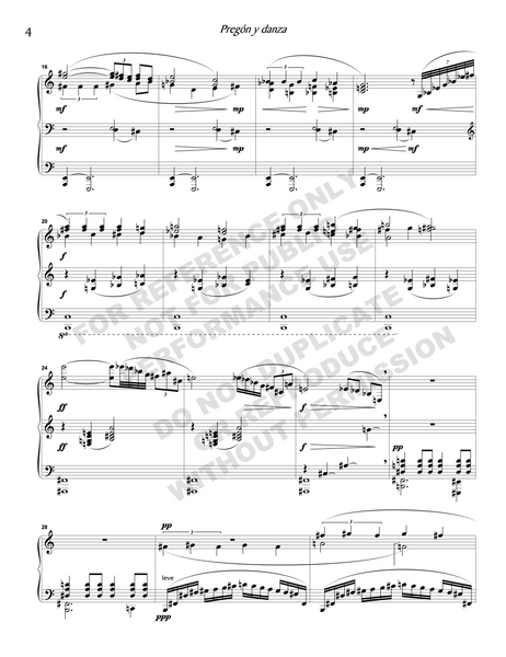 Works for piano (Pregón y danza, Tres piezas para piano, ensayos interválicos, Movimiento perpetuo)